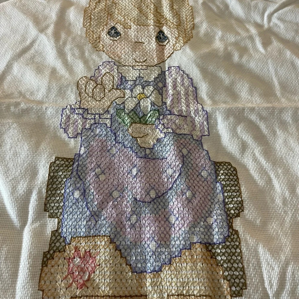 Vintage Precious Moments Handmade Cross stitched Baby Blanket w/ Eyelet Ruffle - Picture 5 of 14